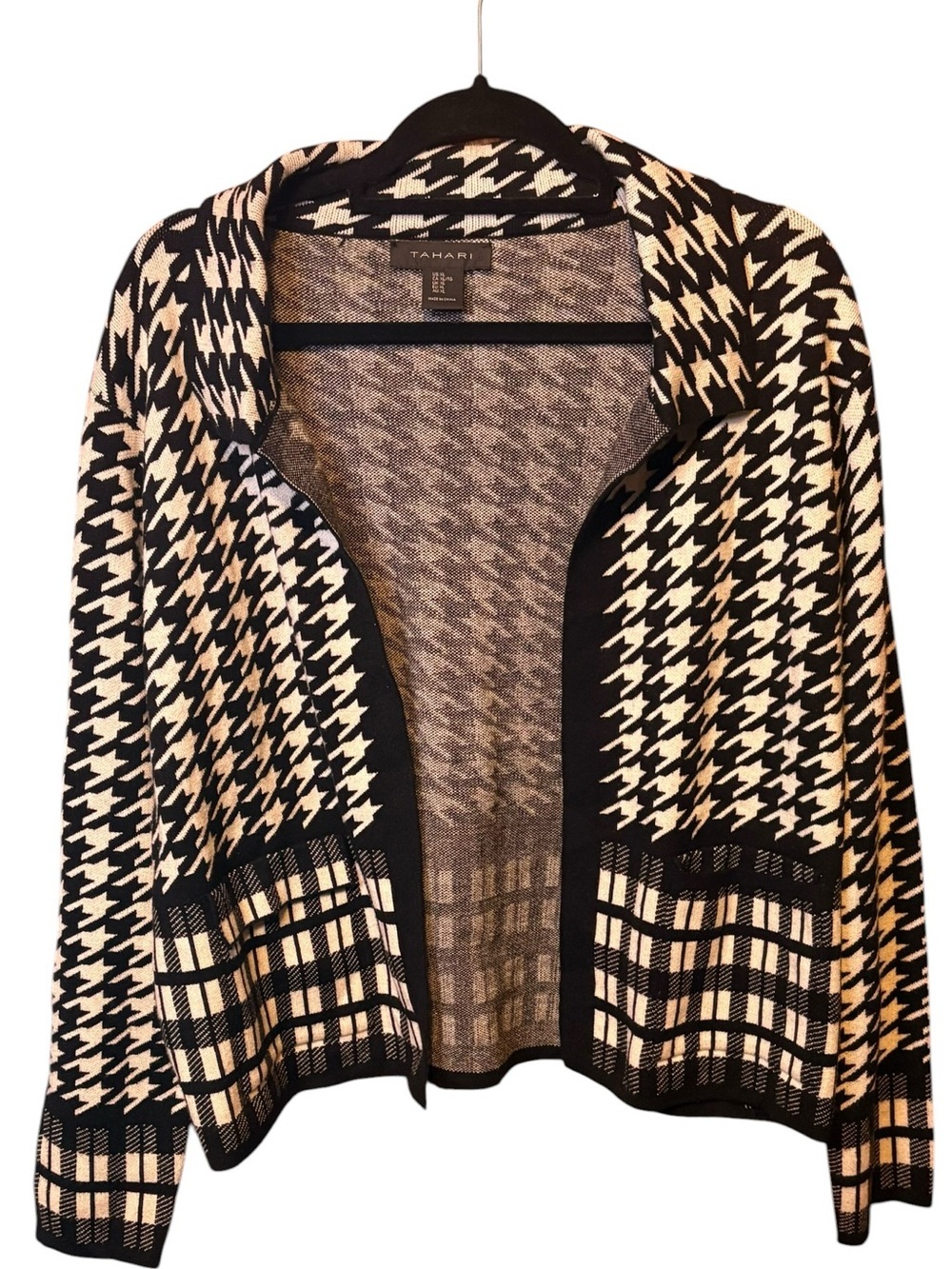 Tahari Houndstooth Plaid Open Front Cardigan Sweater XL